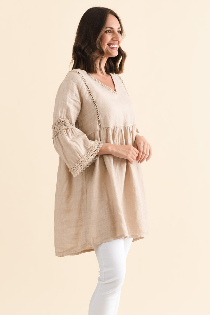 Conrad Beige Linen Lace Top,Brunette model,alt text|model:MJ
