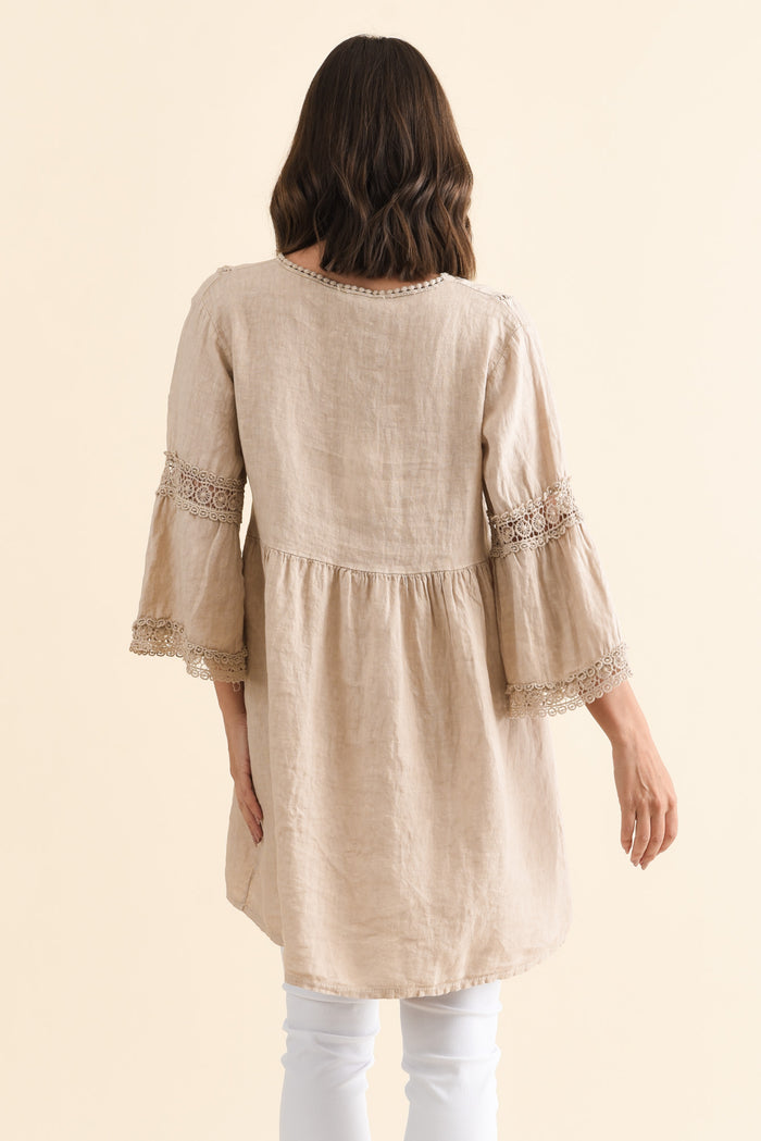 Conrad Beige Linen Lace Top,Brunette model,alt text|model:MJ