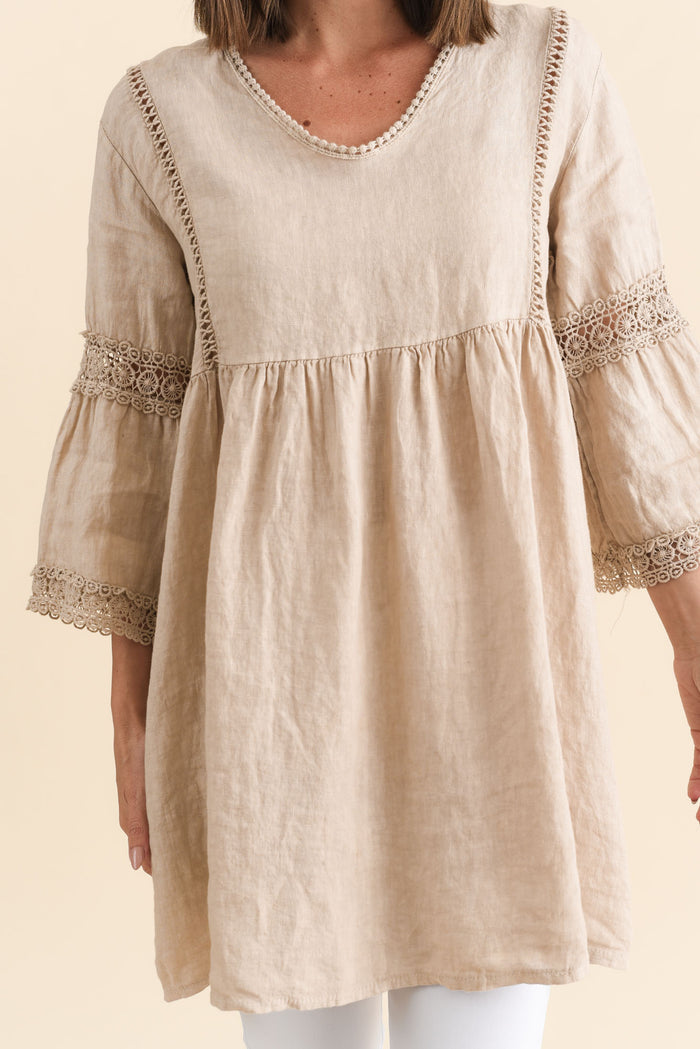 Conrad Beige Linen Lace Top,Brunette model,alt text|model:MJ