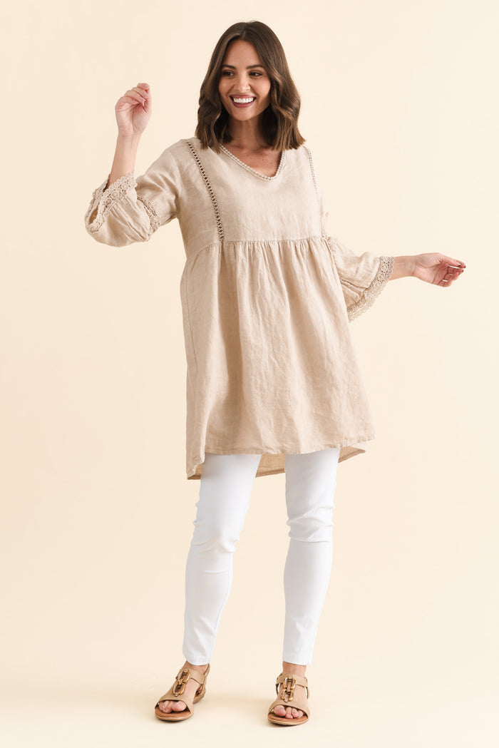 Conrad Beige Linen Lace Top,Brunette model,alt text|model:MJ