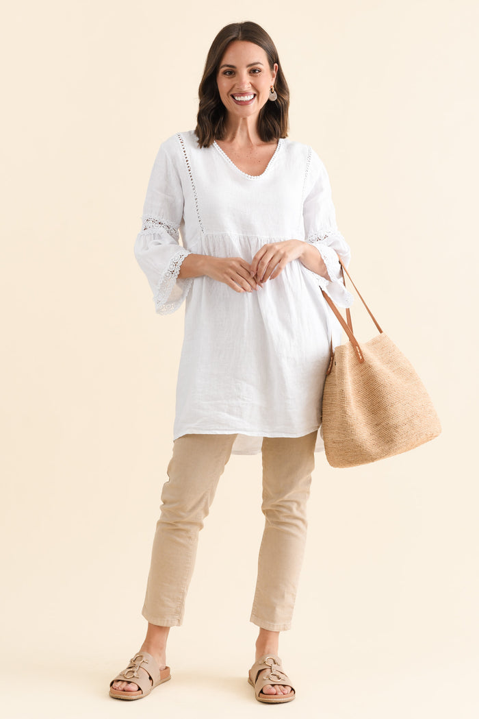 Conrad White Linen Lace Top,Brunette model,alt text|model:MJ