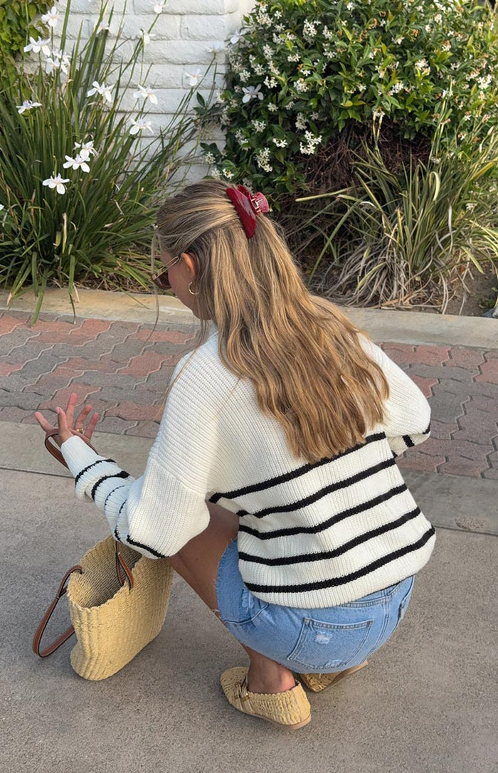 Copenhagen Cream Stripe Quarter Zip Knit Jumper