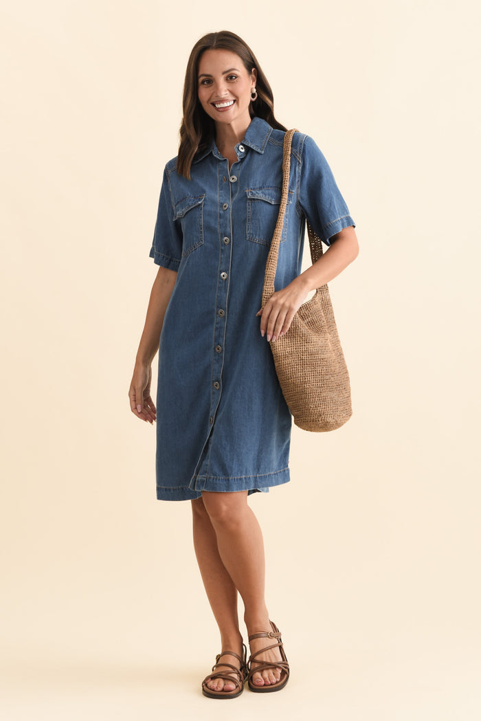 Cora Blue Denim Shirt Dress,Brunette model,alt text|model:MJ
