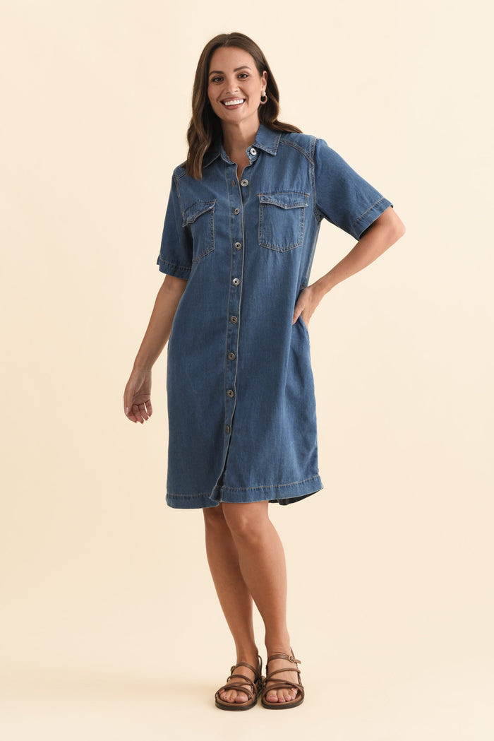 Cora Blue Denim Shirt Dress,Brunette model,alt text|model:MJ