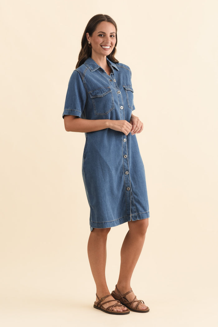 Cora Blue Denim Shirt Dress,Brunette model,alt text|model:MJ
