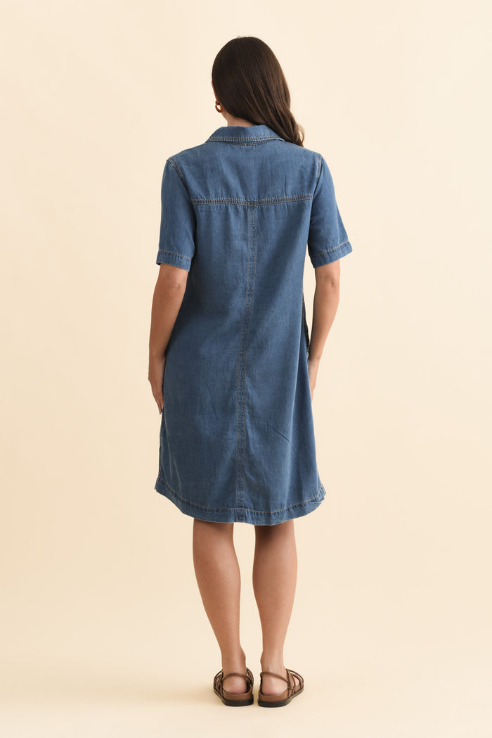 Cora Blue Denim Shirt Dress,Brunette model,alt text|model:MJ