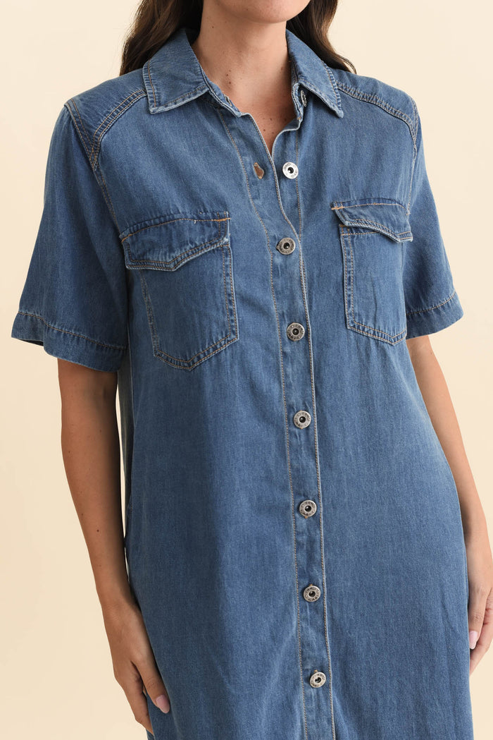 Cora Blue Denim Shirt Dress,Brunette model,alt text|model:MJ