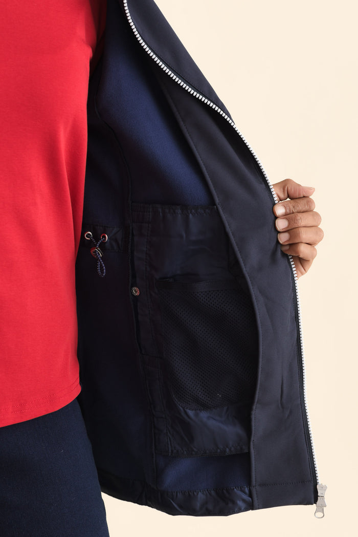 Cora Navy Zip Jacket,Brunette model,alt text|model:Cara
