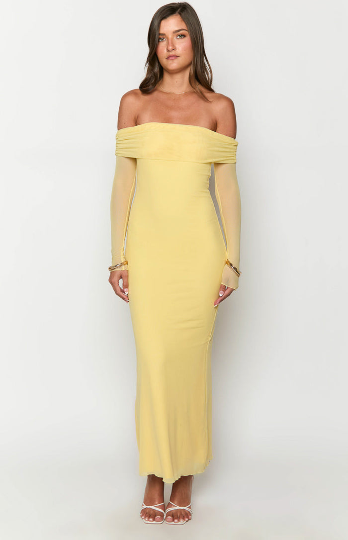 Yellow off-shoulder maxi dress with draped sheer neckline and long sheer sleeves