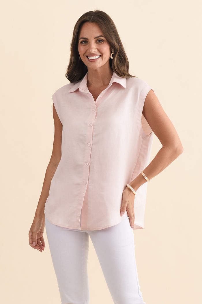 Corbin Pink Linen Blend Button Top,Brunette model,alt text|model:MJ