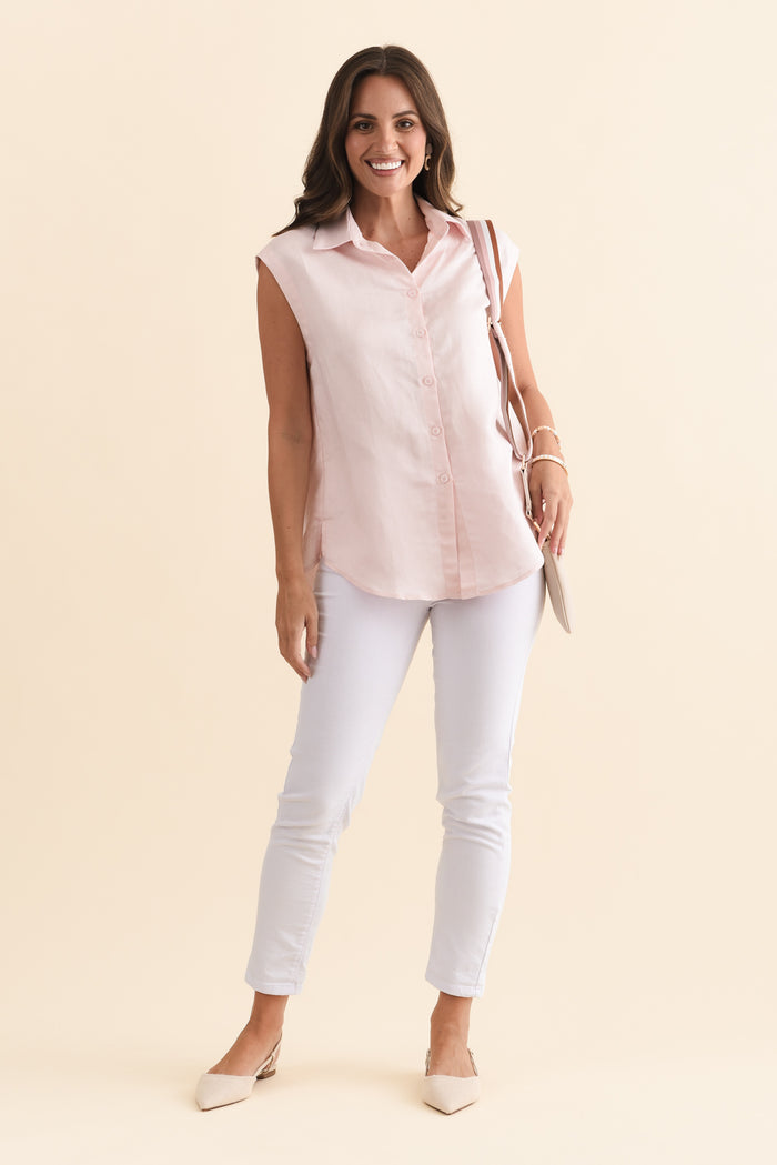 Corbin Pink Linen Blend Button Top,Brunette model,alt text|model:MJ
