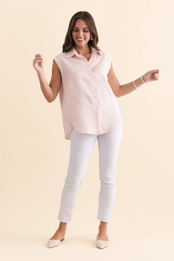 Corbin Pink Linen Blend Button Top,Brunette model,alt text|model:MJ