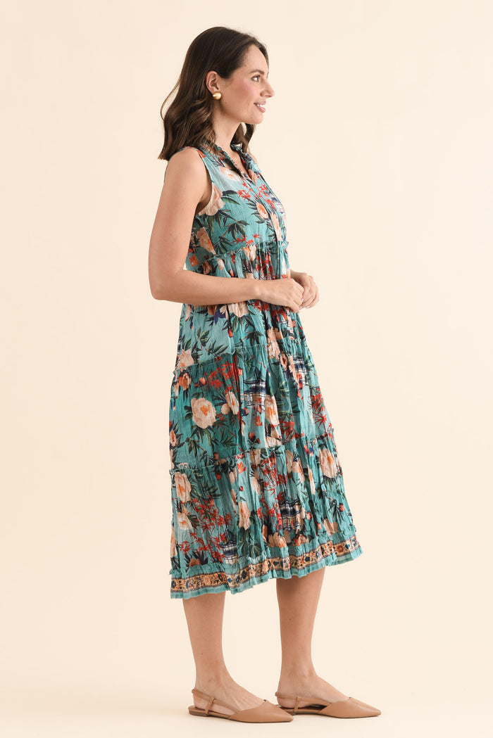 Cosita Light Blue Garden Cotton Pocket Dress,Side,Brunette model,alt text|model:MJ