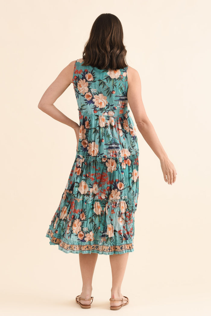 Cosita Light Blue Garden Cotton Pocket Dress,Back,Brunette model,alt text|model:MJ