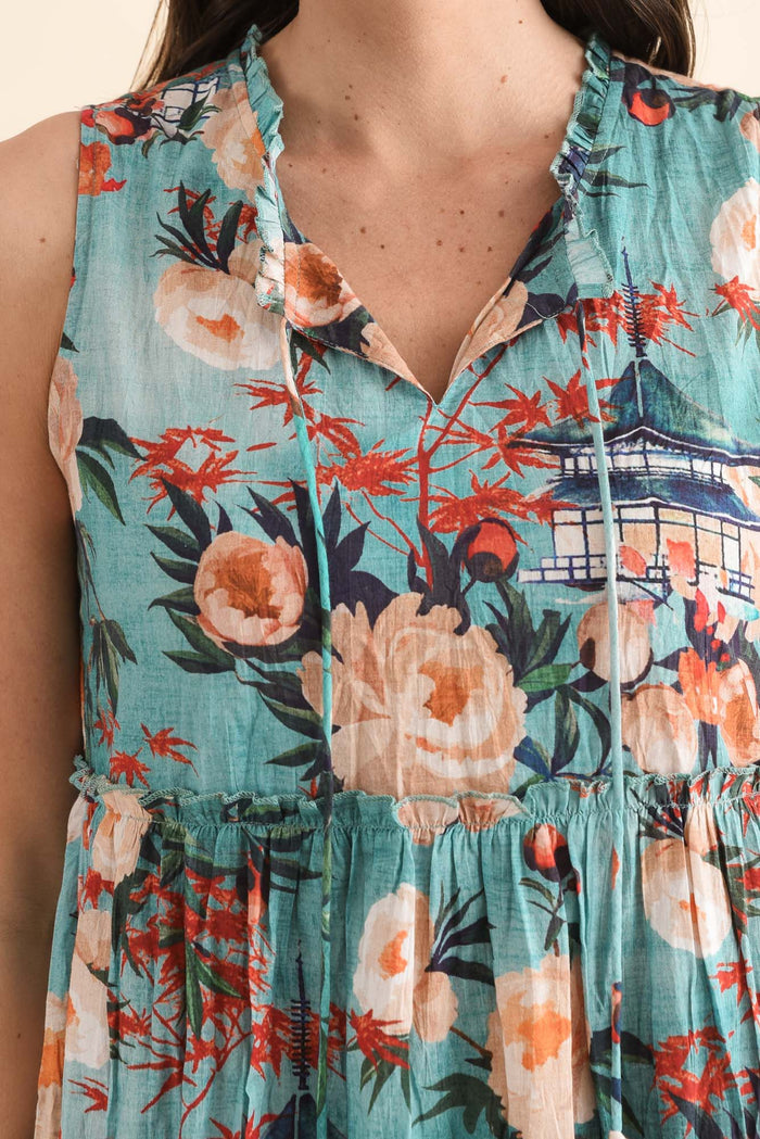 Cosita Light Blue Garden Cotton Pocket Dress,Detail,Brunette model,alt text|model:MJ