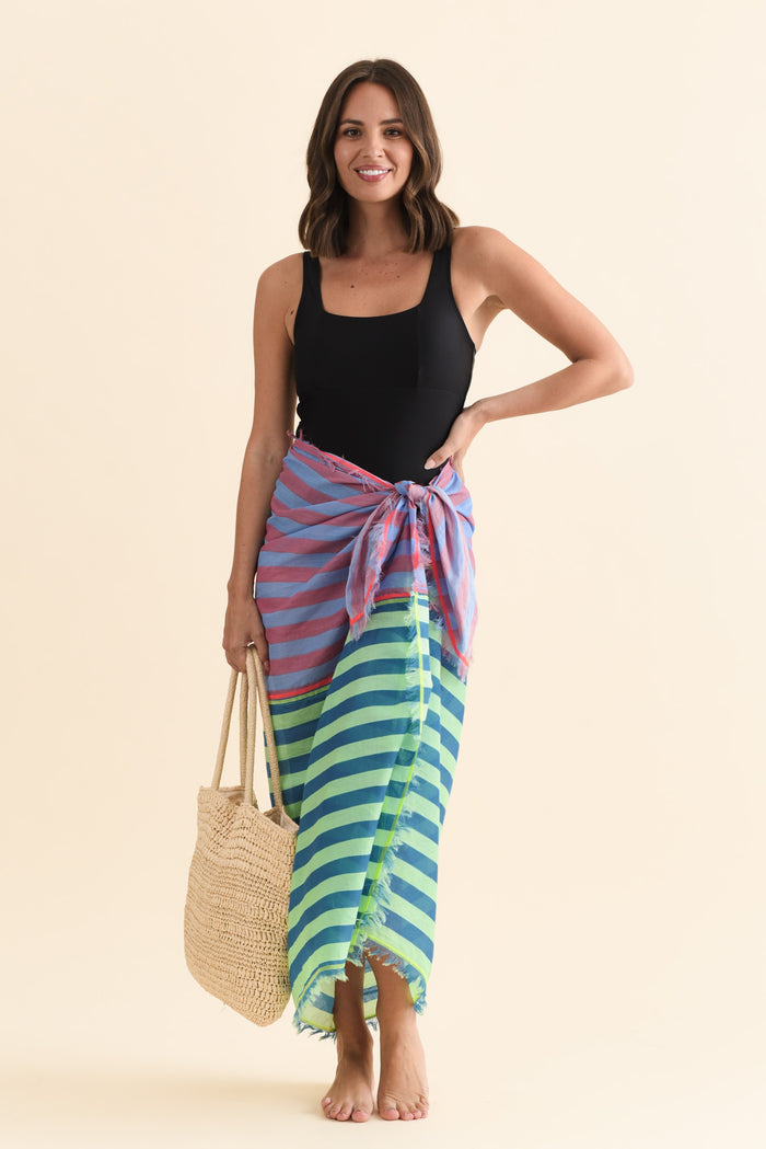 Cosmos Blue Stripe Cotton Sarong,Brunette model,alt text|model:MJ