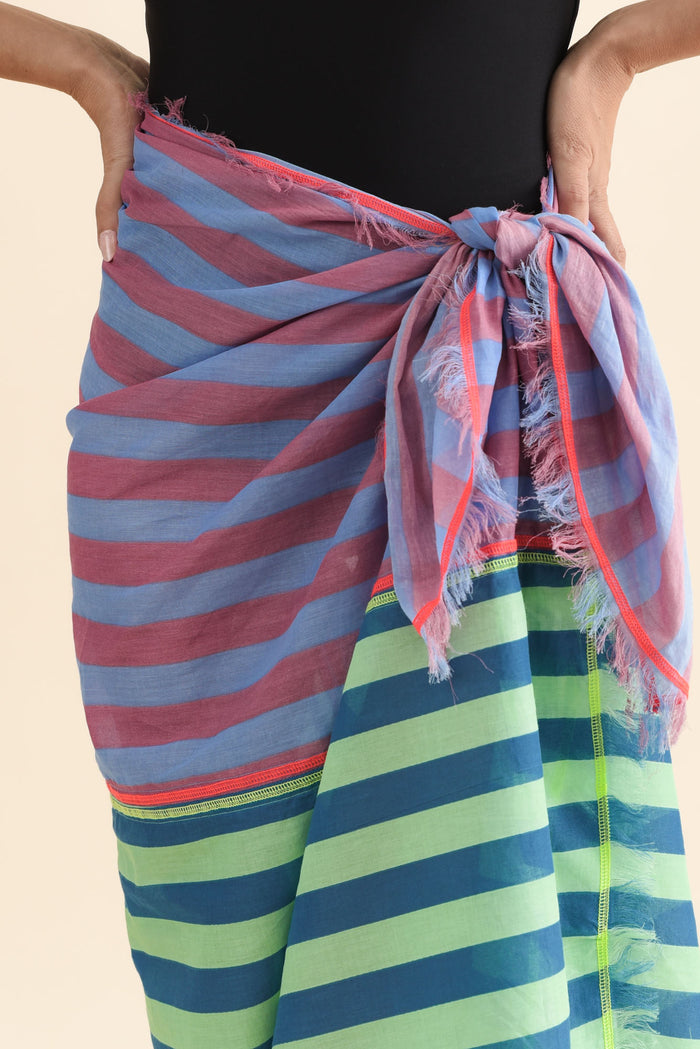 Cosmos Blue Stripe Cotton Sarong,Brunette model,alt text|model:MJ