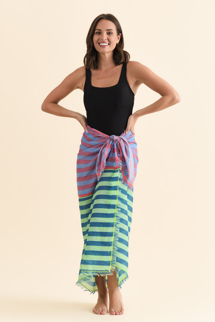 Cosmos Blue Stripe Cotton Sarong,Brunette model,alt text|model:MJ