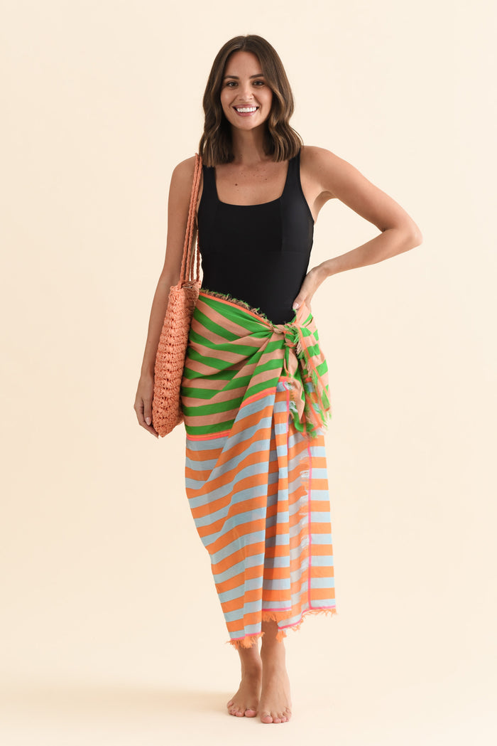 Cosmos Orange Stripe Cotton Sarong,Brunette model,alt text|model:MJ