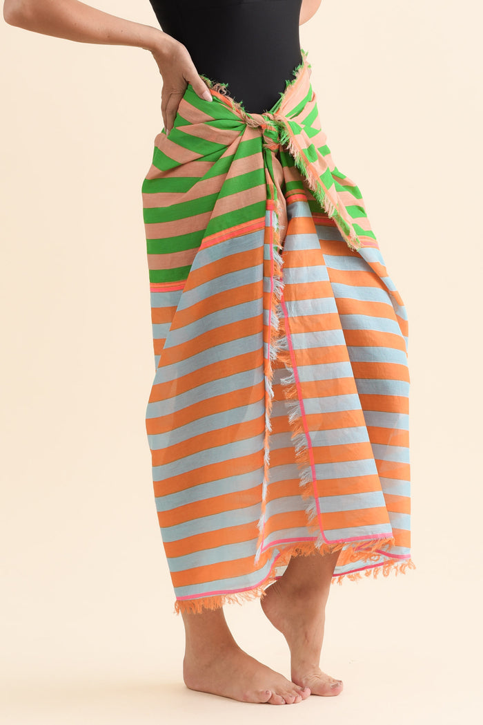 Cosmos Orange Stripe Cotton Sarong,Brunette model,alt text|model:MJ