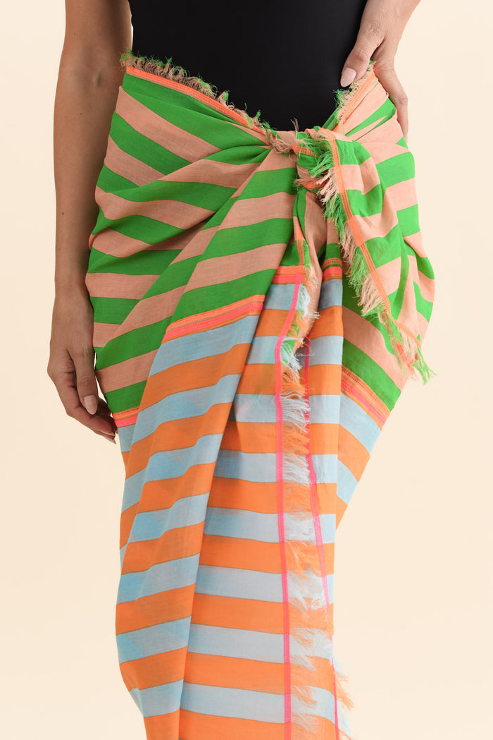 Cosmos Orange Stripe Cotton Sarong,Brunette model,alt text|model:MJ