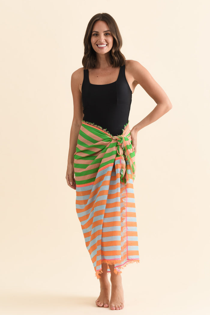 Cosmos Orange Stripe Cotton Sarong,Brunette model,alt text|model:MJ