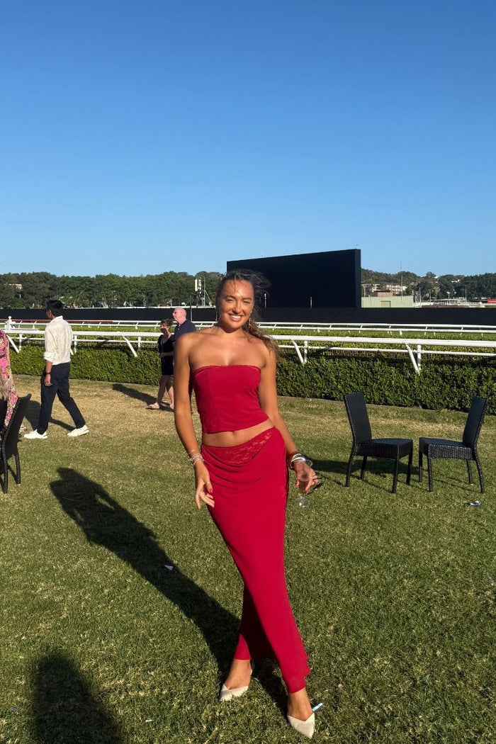 Crimson Rose Red Lace Maxi Skirt