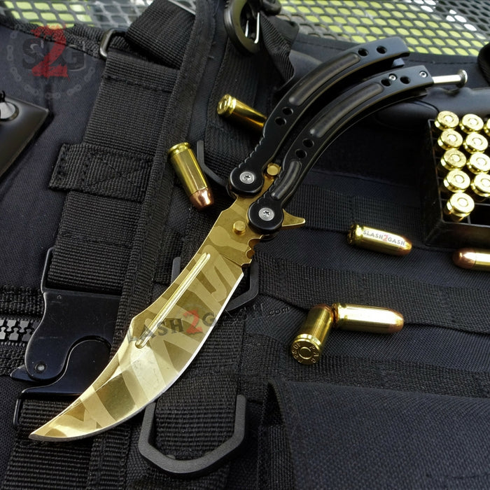 CSGO Gold Butterfly Knife SHARP Tiger Tooth 440C Counter Strike Balisong