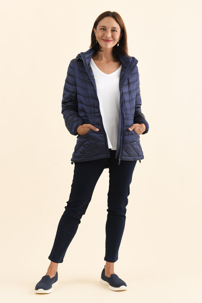 Cushla Navy Down Puffer Jacket,Brunette model,alt text|model:Cara