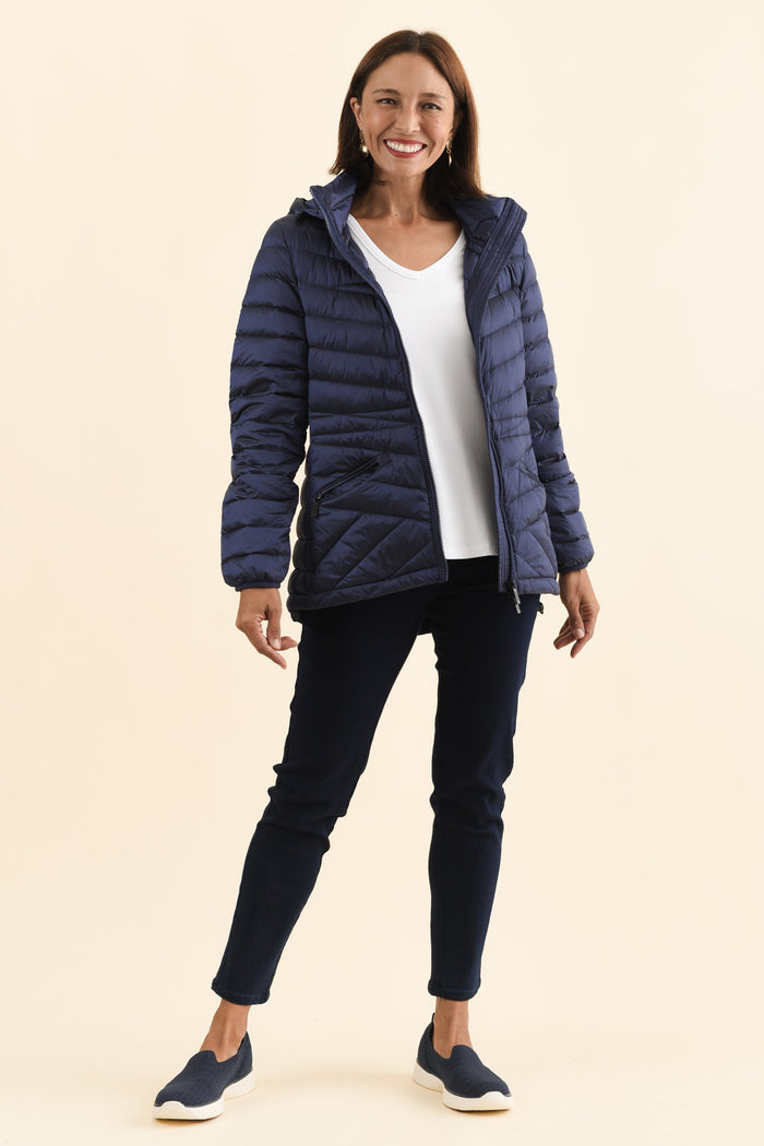 Cushla Navy Down Puffer Jacket,Brunette model,alt text|model:Cara