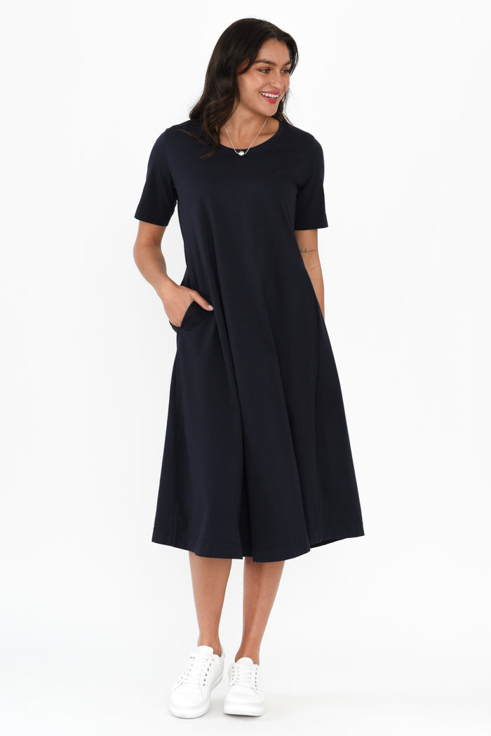 Cynthia Navy Cotton Tee Dress,Brunette model,alt text|model:Brontie