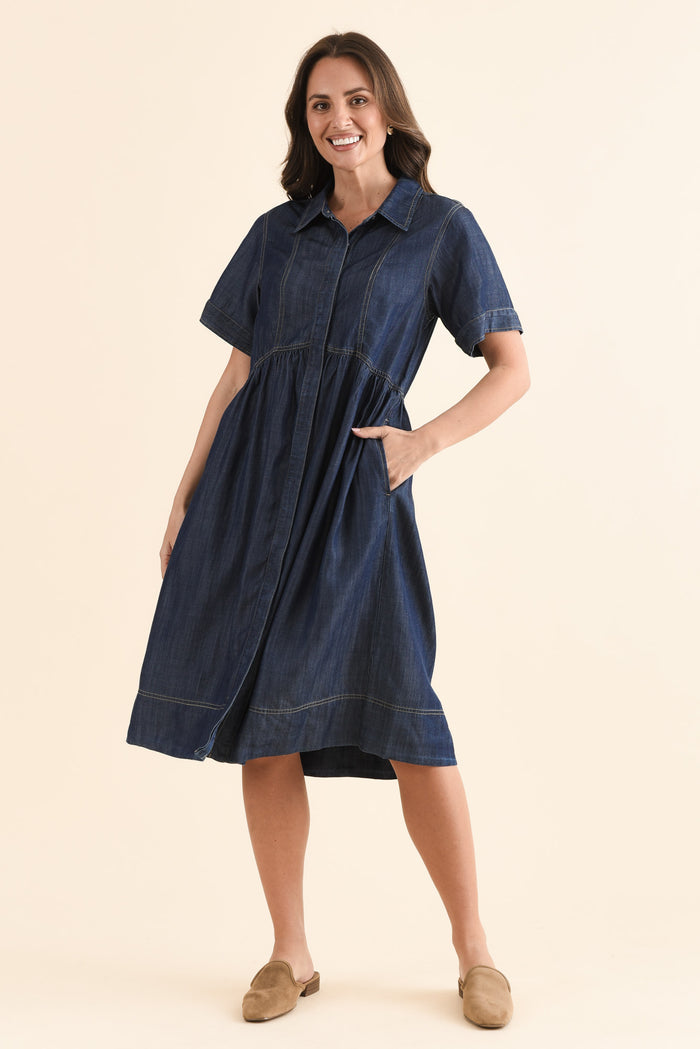 Daley Dark Blue Denim Shirt Dress,Front,Brunette model,alt text|model:MJ