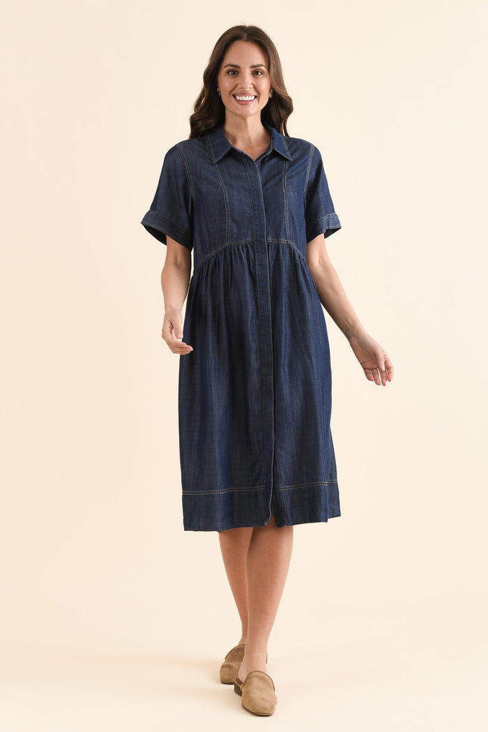 Daley Dark Blue Denim Shirt Dress,Full Body,Brunette model,alt text|model:MJ