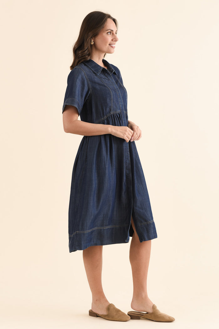 Daley Dark Blue Denim Shirt Dress,Side,Brunette model,alt text|model:MJ