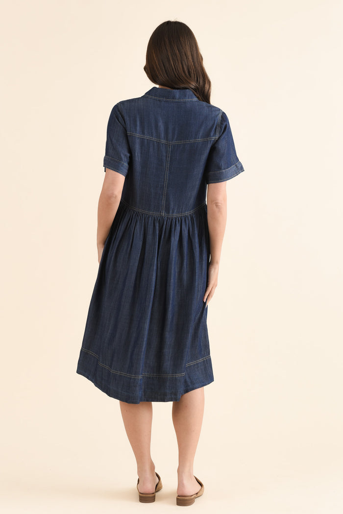 Daley Dark Blue Denim Shirt Dress,Back,Brunette model,alt text|model:MJ