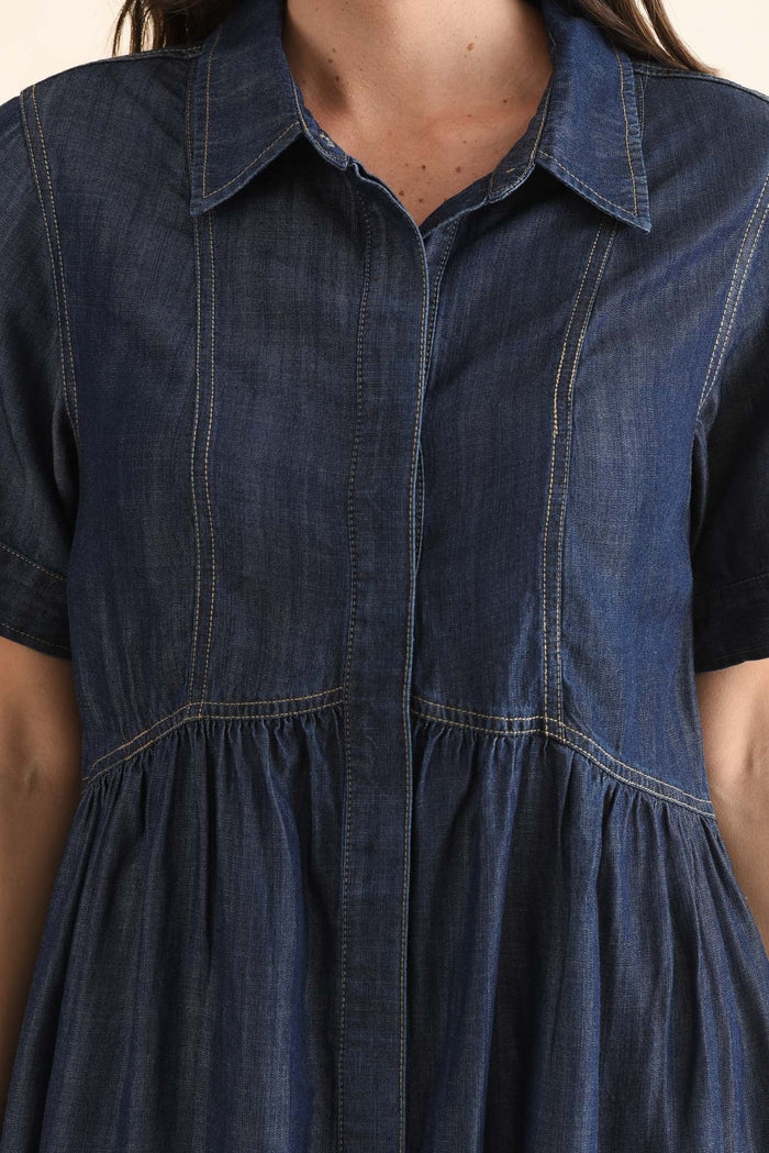 Daley Dark Blue Denim Shirt Dress,Detail,Brunette model,alt text|model:MJ