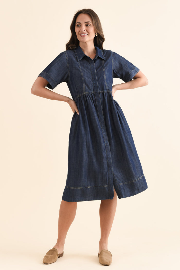 Daley Dark Blue Denim Shirt Dress,Full Body,Brunette model,alt text|model:MJ