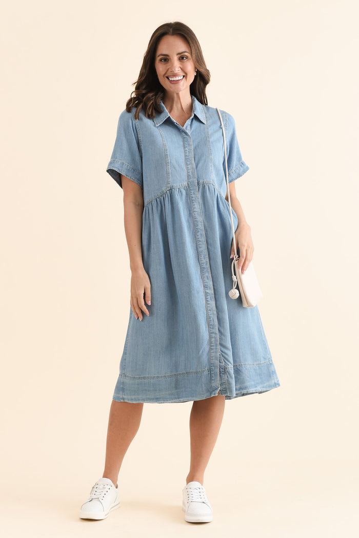 Daley Light Blue Denim Shirt Dress,Front,Brunette model,alt text|model:MJ
