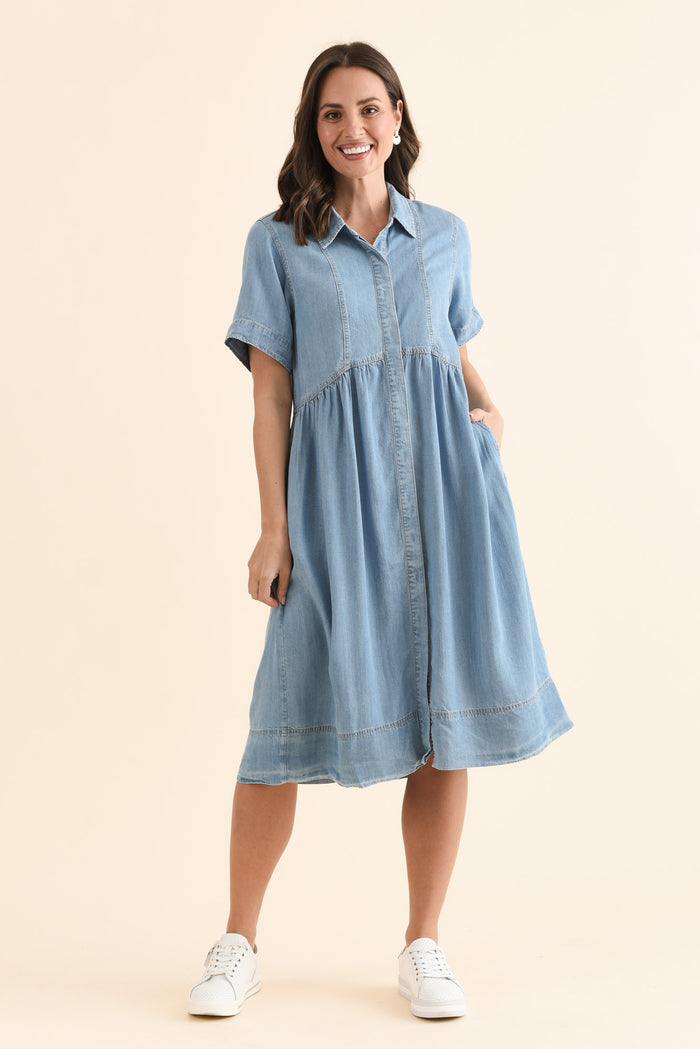Daley Light Blue Denim Shirt Dress,Full Body,Brunette model,alt text|model:MJ