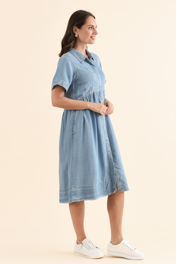 Daley Light Blue Denim Shirt Dress,Side,Brunette model,alt text|model:MJ