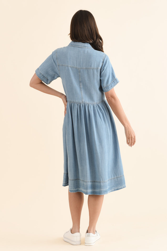 Daley Light Blue Denim Shirt Dress,Back,Brunette model,alt text|model:MJ