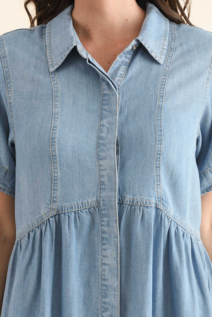 Daley Light Blue Denim Shirt Dress,Detail,Brunette model,alt text|model:MJ