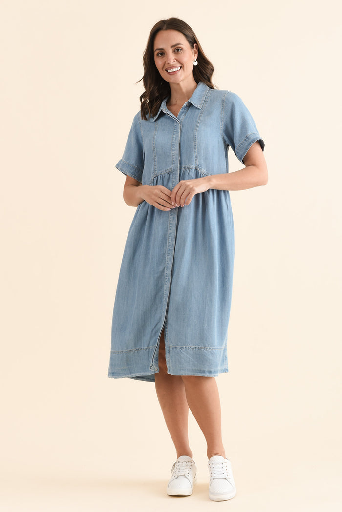 Daley Light Blue Denim Shirt Dress,Full Body,Brunette model,alt text|model:MJ