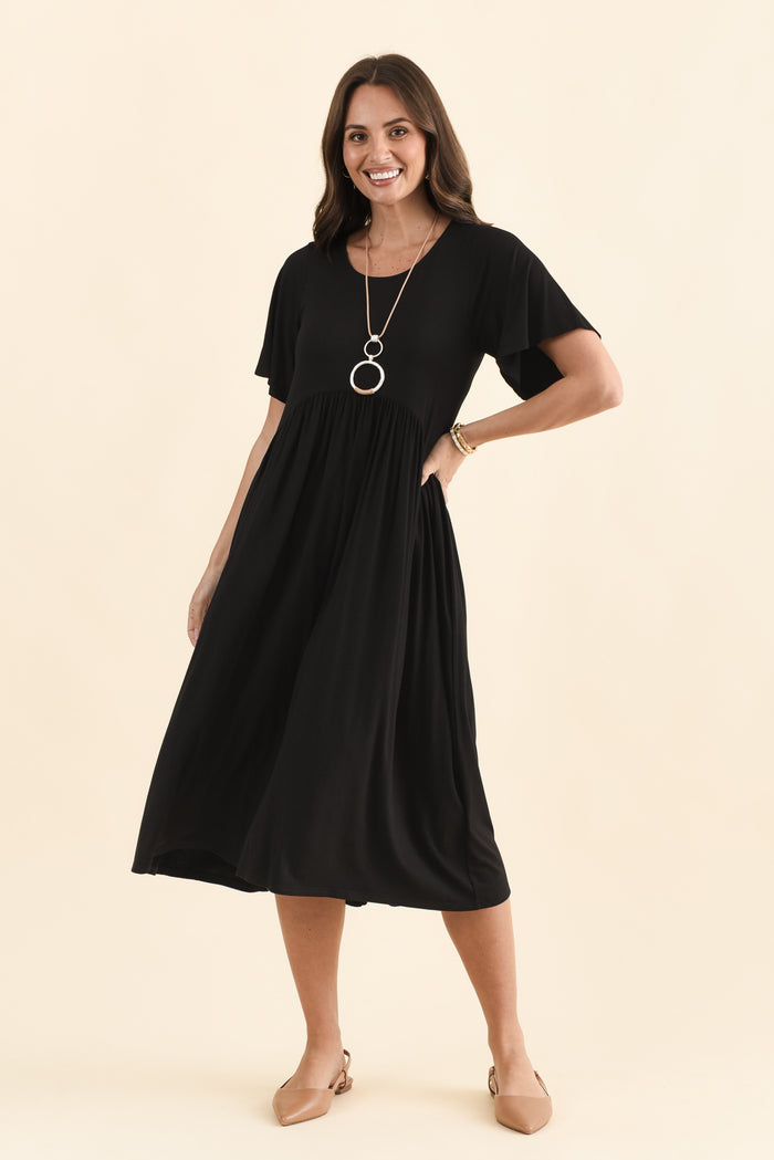 Dalton Black Crescent Dress,Brunette model,alt text|model:MJ