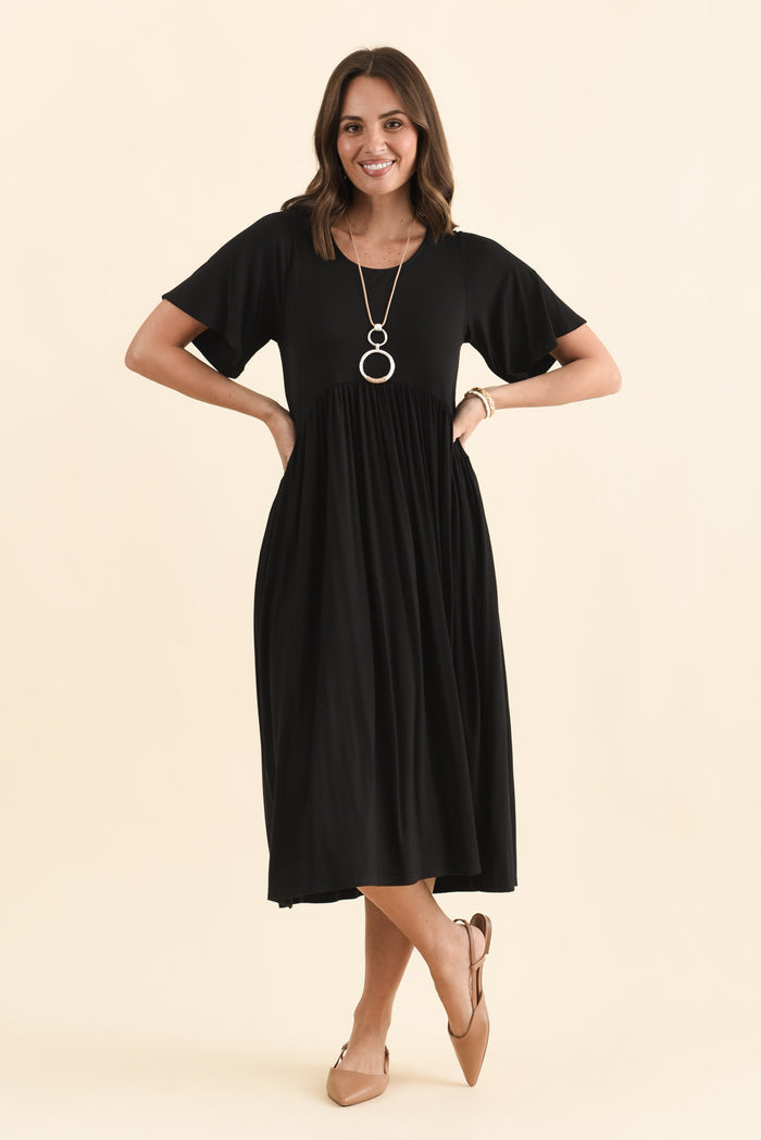 Dalton Black Crescent Dress,Brunette model,alt text|model:MJ