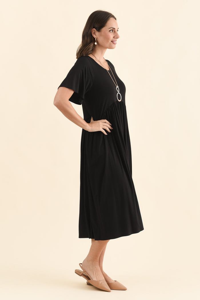 Dalton Black Crescent Dress,Brunette model,alt text|model:MJ