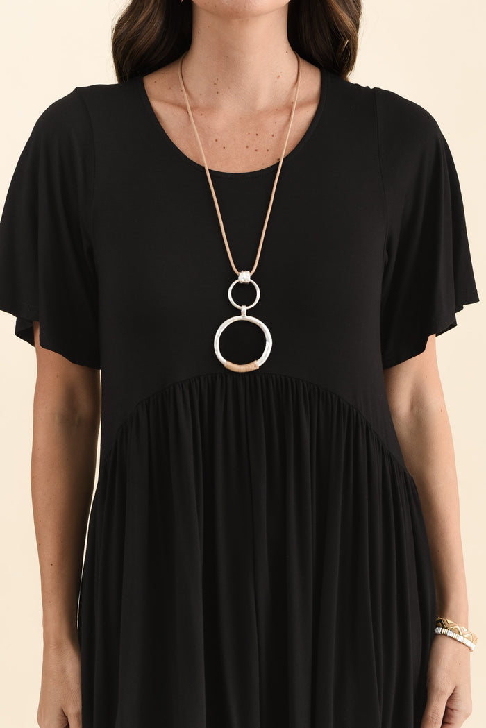 Dalton Black Crescent Dress,Brunette model,alt text|model:MJ