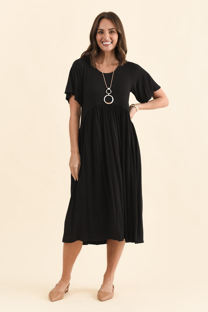 Dalton Black Crescent Dress,Brunette model,alt text|model:MJ