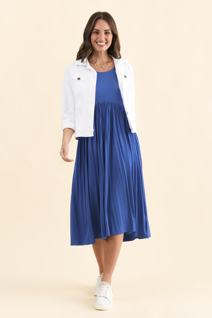 Dalton Cobalt Crescent Dress,Brunette model,alt text|model:MJ