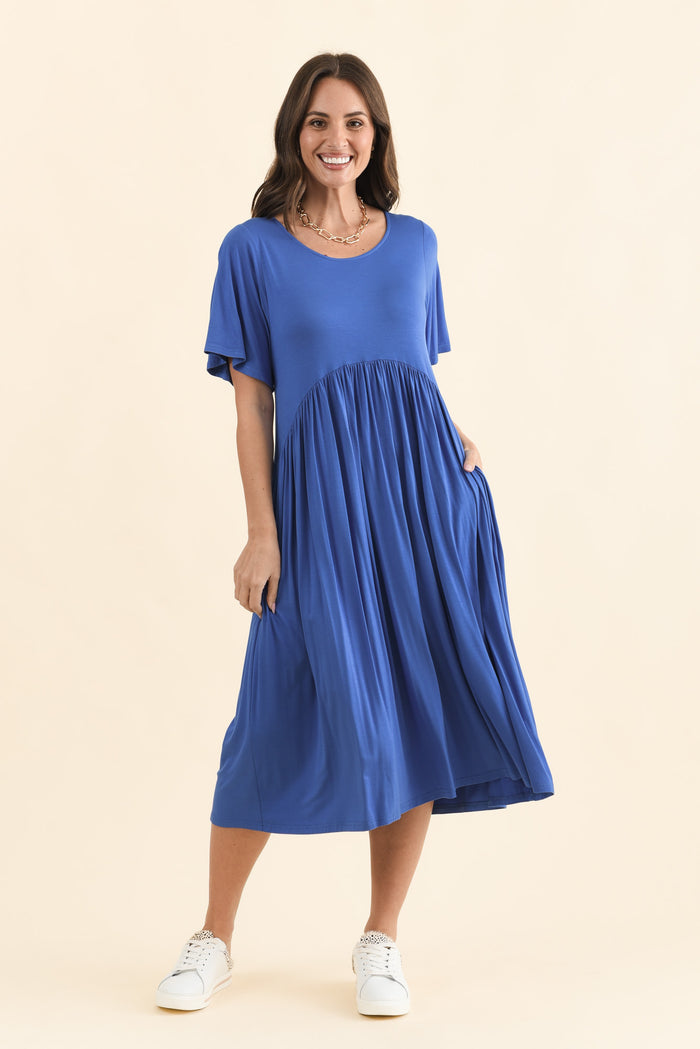 Dalton Cobalt Crescent Dress,Brunette model,alt text|model:MJ